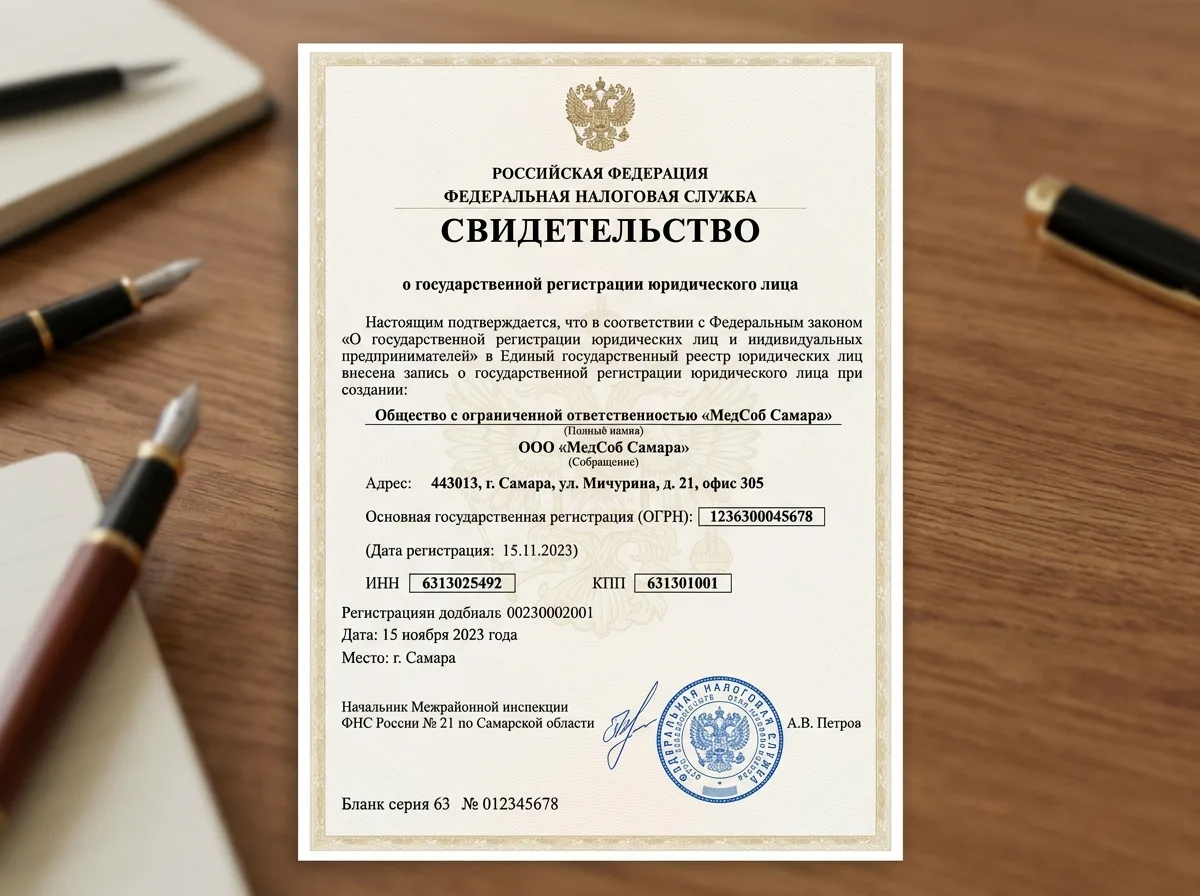 Свидетельство о государственной регистрации юридического лица ООО МедСоб Самара, официальный документ ФНС